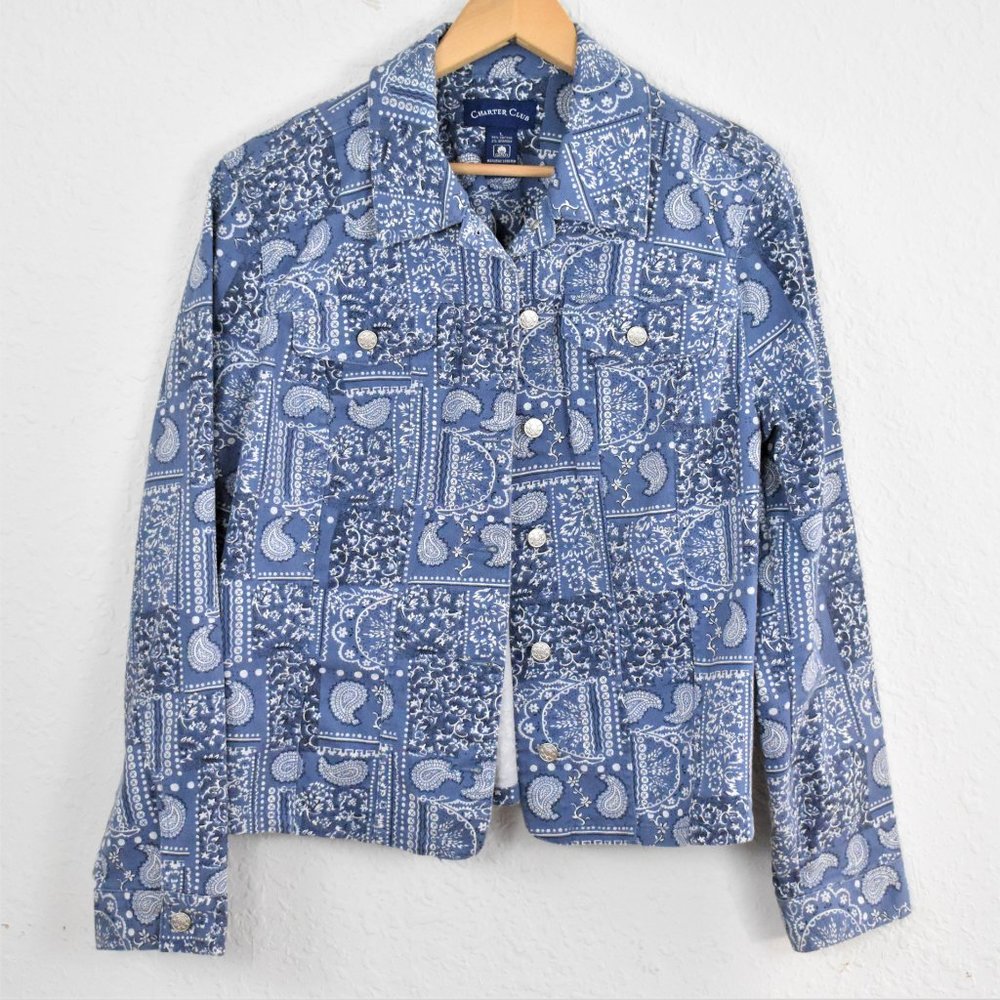 Charter Club Blue Paisley Denim Jacket Large